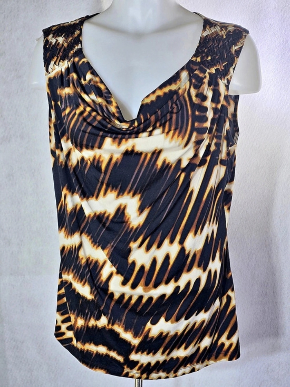 Worthington Abstract Draped Neck Top in Black & Brown Size L Like New